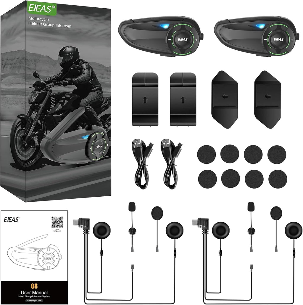 Ejeas Store Q8 5G Mesh Helmet Intercom Combo (2 Units) - 6-Rider Connectivity, Advanced Noise Cancellation, IP67 Waterproof With 1-Year Warranty