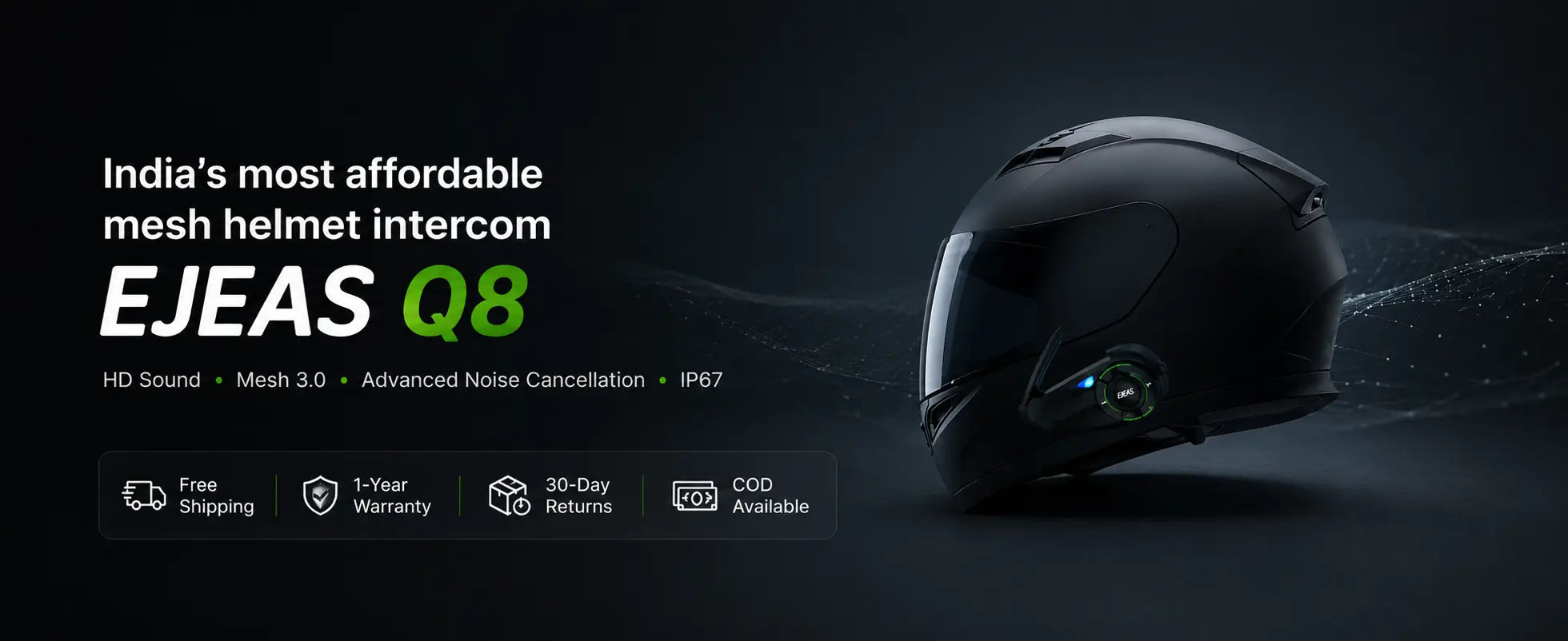 Black helmet with intercom system on a dark background, featuring text about EJEAS Q8.