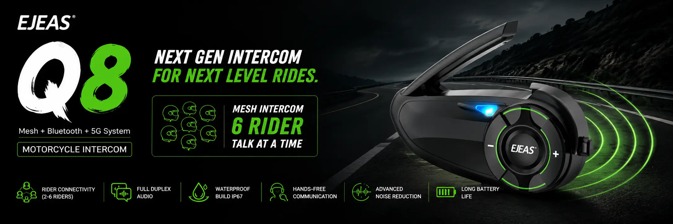 EJEAS Q8 motorcycle intercom with features highlighted on a dark background