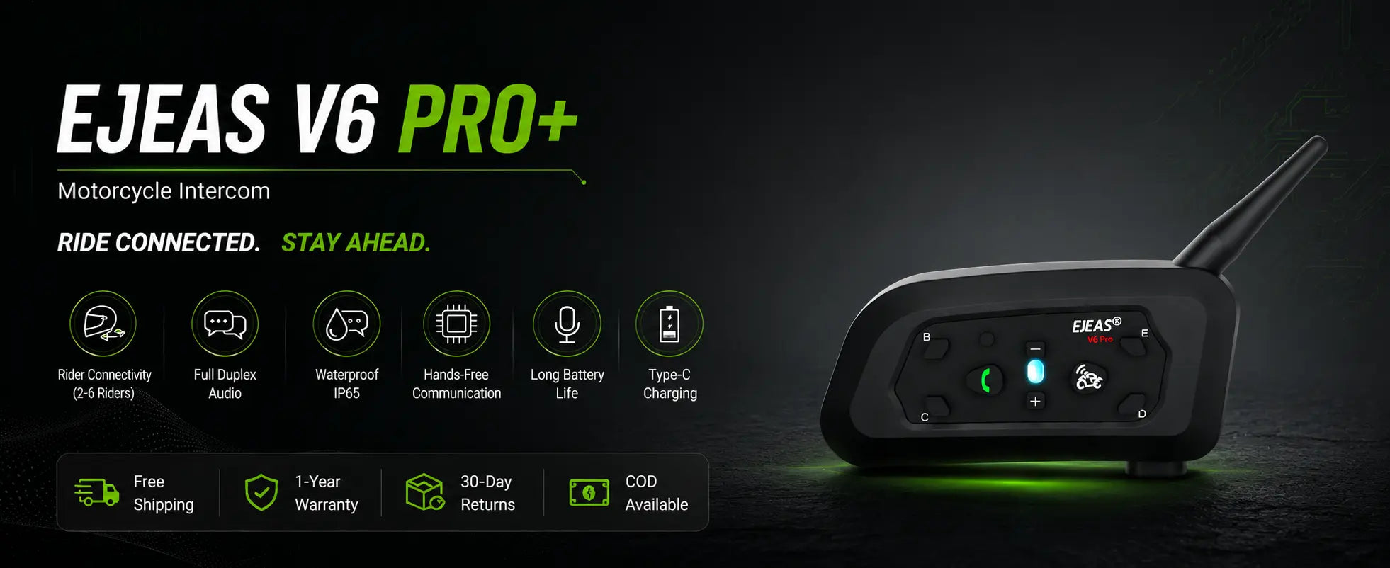 EJEAS V6 PRO+ motorcycle intercom with features listed on a dark background
