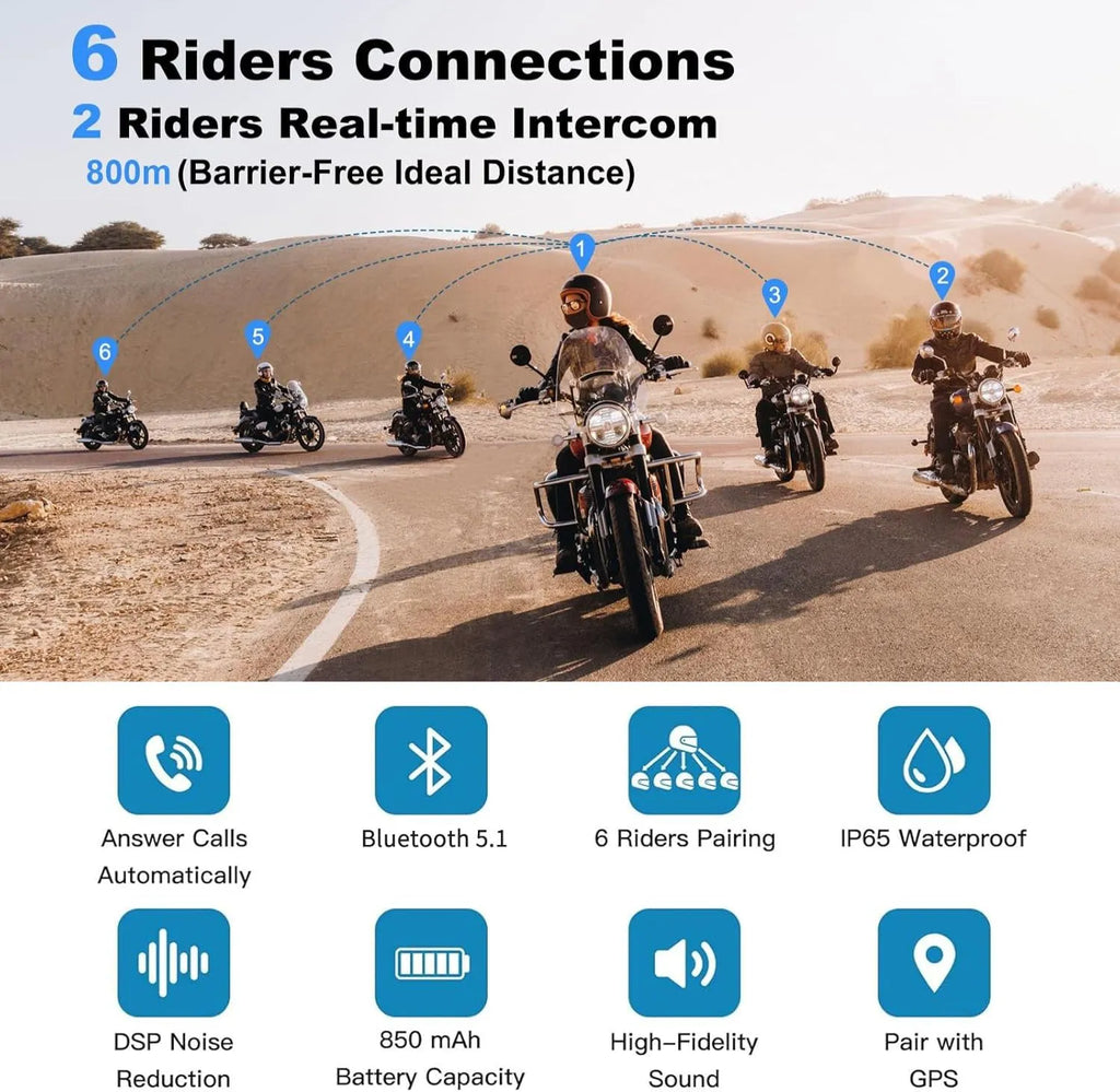 Ejeas Store V6 Pro Plus Dual Pack Multi Rider Bluetooth Helmet Intercom With DSP Noise Cancellation, 800m Range And 1-Year Warranty