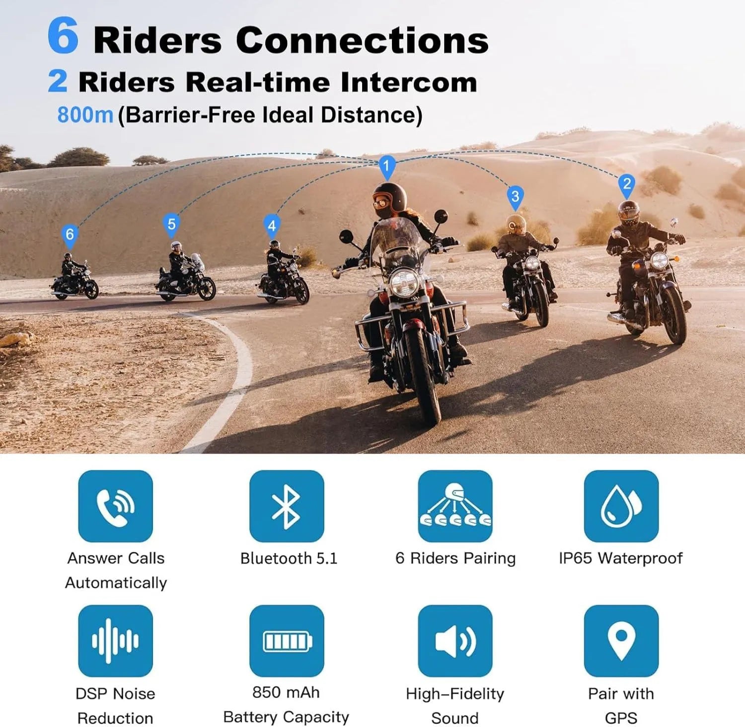 Ejeas Store V6 Pro Plus Multi-Rider Bluetooth Intercom - DSP Noise Cancellation, 800m Range, 18Hr Battery With 1-Year Warranty