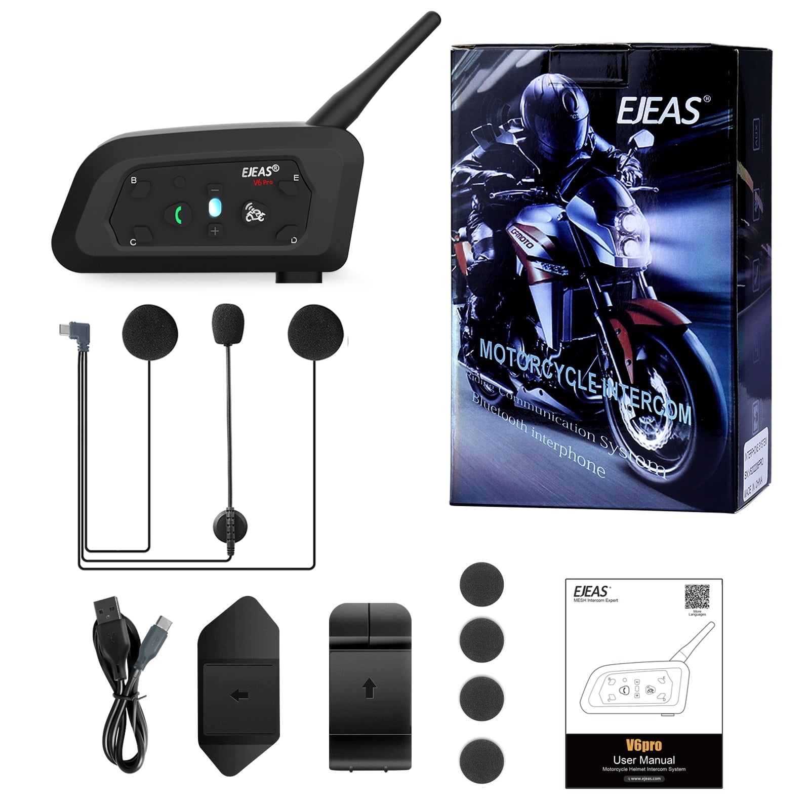 Ejeas Store V6 Pro Plus Multi-Rider Bluetooth Intercom - DSP Noise Cancellation, 800m Range, 18Hr Battery With 1-Year Warranty